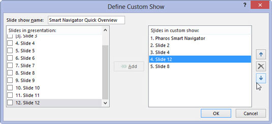 Use the up and down arrows near the right edge of the Define Custom Show dialog box to change the order of the slides in the custom show.