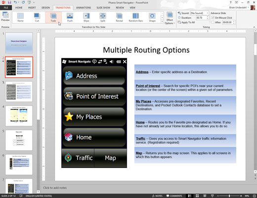 Select the transition you want to apply from the Transition to This Slide section of the Transitions tab on the Ribbon.