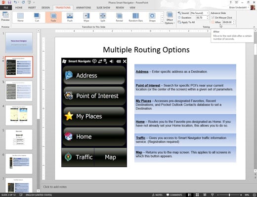 Use the On Mouse Click or After options to indicate how the transition should be triggered.