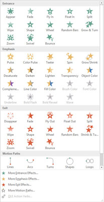 Click the Animations tab on the Ribbon. Click the Add Animation button and then select the effect you want to create from the menu that appears.