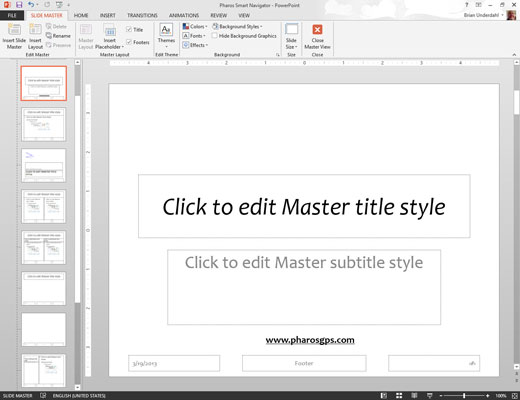 Choose View→Master Views→Slide Master or Shift+click the Normal View button near the bottom right of the window.