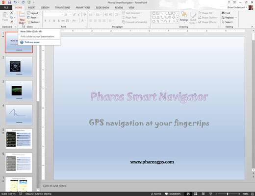 Move to the slide that you want the new slide to follow. Click the Home tab and then click the New Slide button in the Slides group.