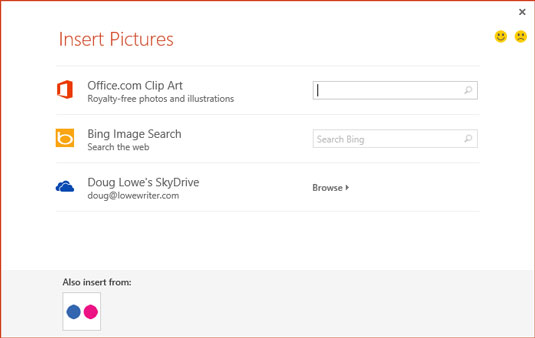 On the Ribbon, choose Insert→Online Pictures.