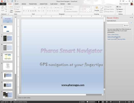 Click the Open a PowerPoint File link in the Reuse Slides task pane.