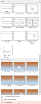 Click the Insert tab on the Ribbon and then click the New Slide button and choose Reuse Slides.