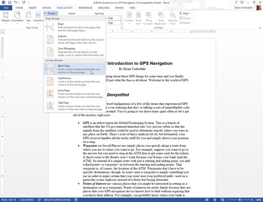 Insert a section break after the title's last line: On the Page Layout tab, choose Breaks→Next Page from the Page Setup area.