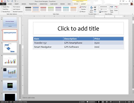 Type information into the table’s cells.