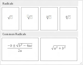 To create symbols stacked upon each other in various ways, use the controls in the Structures section of the Equation Tools Design tab.