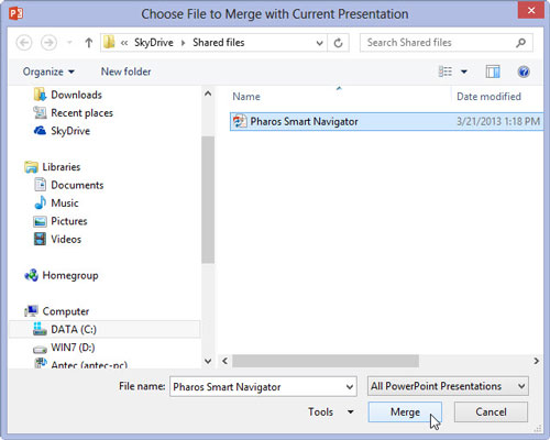 Navigate to the revised version of the presentation, select it, and click Merge.
