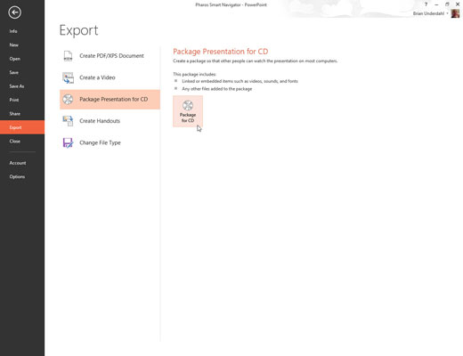 Open the presentation in PowerPoint and then choose File→Export→Package Presentation for CD. Then click the Package for CD button.