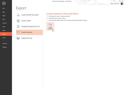 Choose File→Export→Create Handouts, then click the Create Handouts button.