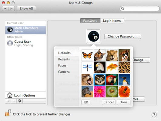 To replace your account image, drag a new image from a Finder window or the iPhoto window and drop it into the picture well.