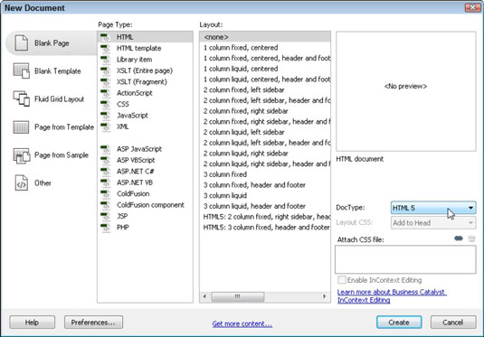 Launch Dreamweaver and choose File→New to open the New Document dialog box and select the Blank Page option from the top-left column.