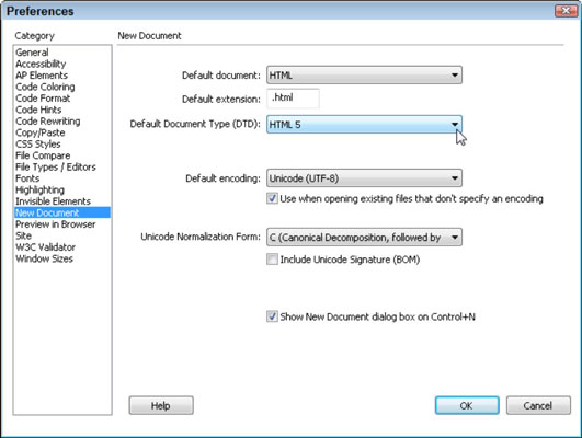 In the DocType area in the lower-right corner of the dialog box, use the menu to select the desired document type (DTD).