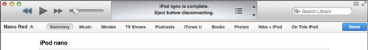 Wait for syncing to finish, and then click the eject button next to the &#147;iPod&#148; in the iPod button.