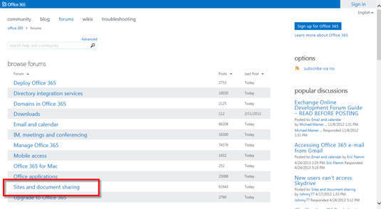 On the forums page, click the Sites and Document Sharing discussion link.