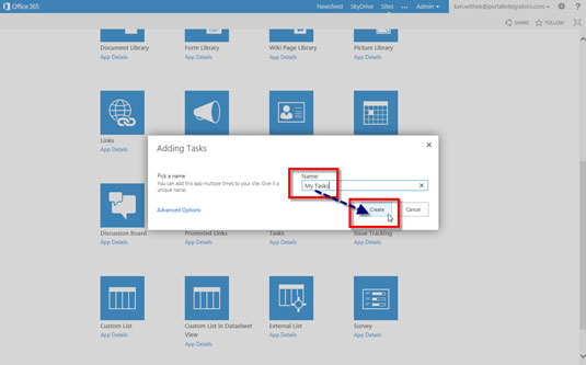 Enter a name for the Tasks app in the Name text box and then click Create.