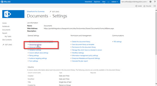 Click the Versioning Settings link in the General Settings section.