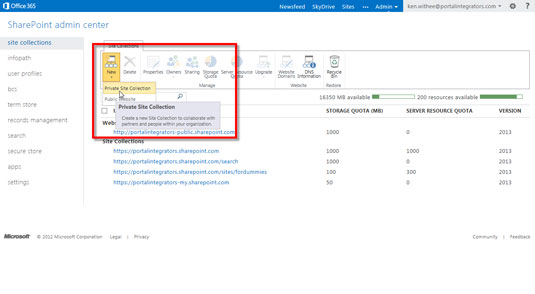 On the SharePoint administration page, click the New button.