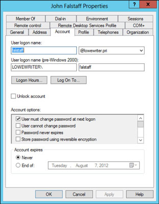 Setting the account options for a Windows User.