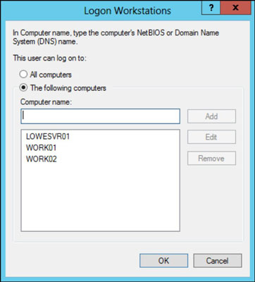 The Logon Workstations dialog box in Windows Server.