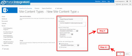 Put the Name, Description, Parent Content Type, and Group (i.e, New or Existing), where you want the document to belong.