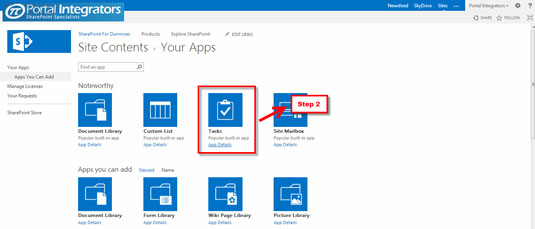 From the list of available SharePoint 2013 apps, choose Tasks.