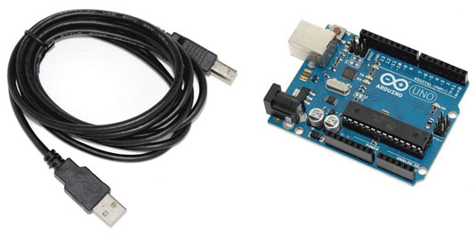 Plug the square end of the USB cable into the Arduino and the flat end into an available port on your PC to connect the Arduino to your computer.