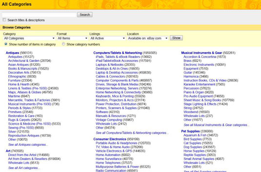 From the drop-down menu on the home page next to the eBay logo, click the category that interests you, such as Entertainment.