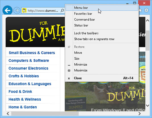 Right-click the title-bar, the top-most strip across Internet Explorer, to see the pop-up menu.