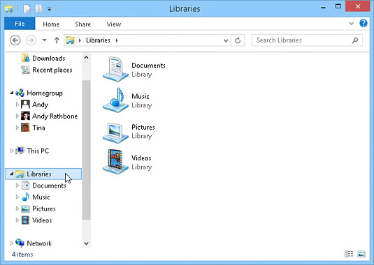 Follow the steps in <a href="https://dummies-wp-content.dummies.com/how-to/content/restore-the-libraries-to-windows-81.html">this article</a> to make the libraries visible in your Navigation pane’s Library entry.