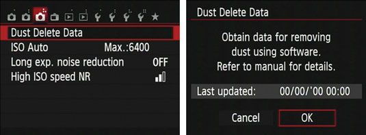 The Shooting Menu and Dust Delete Data screens on a Canon t5i.