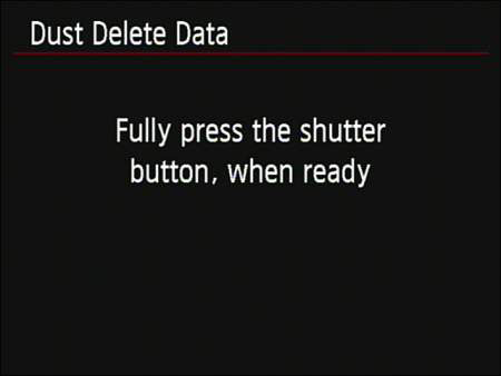 Instruction screen that appears on the Canon T5i to apply a dust-removal filter.