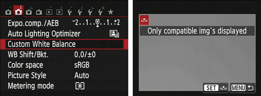 Shooting Menu and Custom White Balance setting screens from a Canon digital camera.