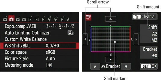 Display Shooting Menu 2 and choose WB Shift/Bkt.