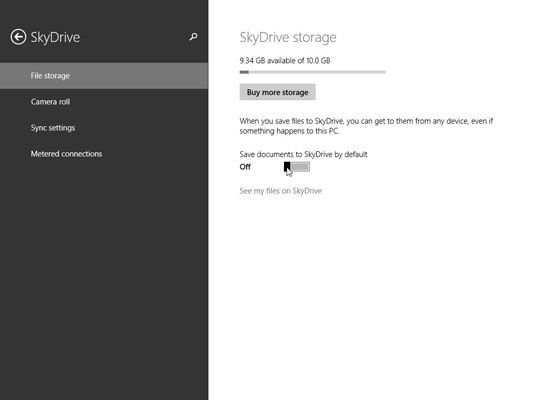 On the right side of the SkyDrive pane, click the toggle switch to turn off Save Documents to SkyDrive by Default.