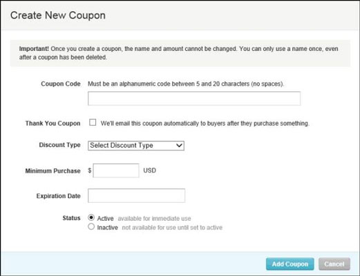 If you want buyers to receive a coupon automatically upon purchasing an item from your shop, click the Thank You Coupon check box to select it.