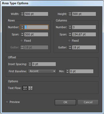 The Area Type Options dialog box lets you create columns of text.