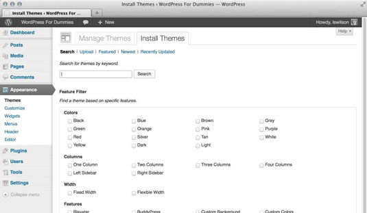 Choose Appearance→Themes on the WordPress Dashboard and then click the Install Themes tab at the top of the Manage Themes page.