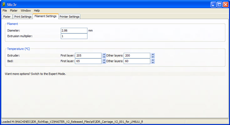 On the Filament Settings tab, select print material size and temperature.