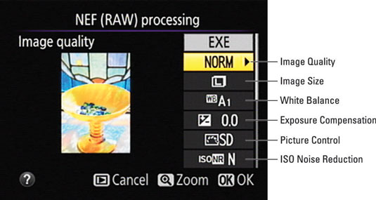 Use the Multi Selector to scroll to the NEF (RAW) Processing option. Press OK to display your processing options.