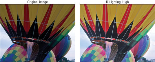 An underexposed photo (left) gets help from the D-Lighting filter (right).