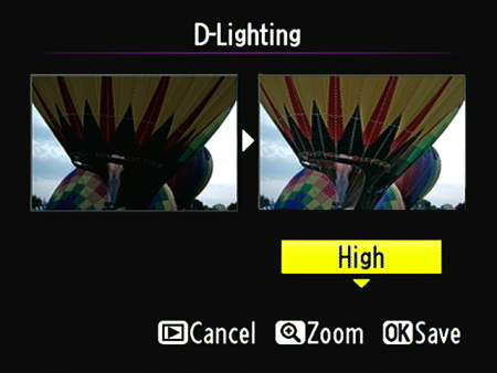 Apply the D-Lighting filter via the Retouch menu.