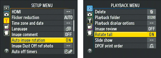 Visit the Setup and Playback menus to enable or disable image rotation.