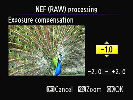 After selecting the Exposure Compensation option on the main NEF processing screen, press OK to acc