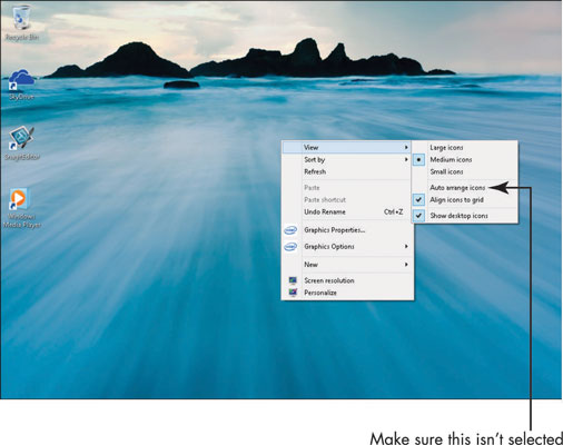 Right-click the Desktop and choose View from the resulting shortcut menu; be sure that Auto Arrange Icons isn’t selected.