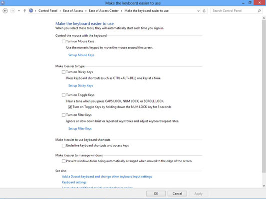 In the resulting Make the Keyboard Easier to Use dialog box, make any of these settings: