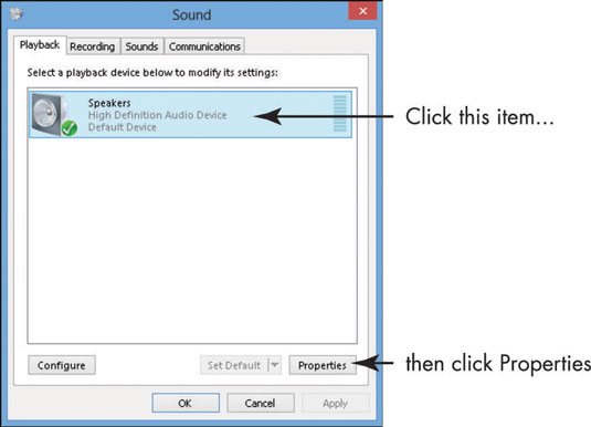 In the resulting Sound dialog box, double-click the Speakers item.
