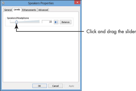 In the resulting Speakers Properties dialog box, click the Levels tab, and then use the Speakers/Headphone slider to adjust the speaker volume.
