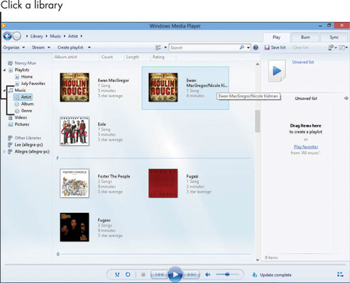 Click the Library button and then double-click Music or Playlists to display a library.